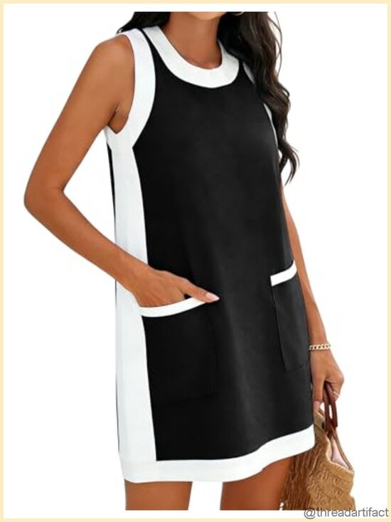 Dresses & Skirts - Sleeveless Mini Dress Crewneck Color Block Beach Sundress with Pockets